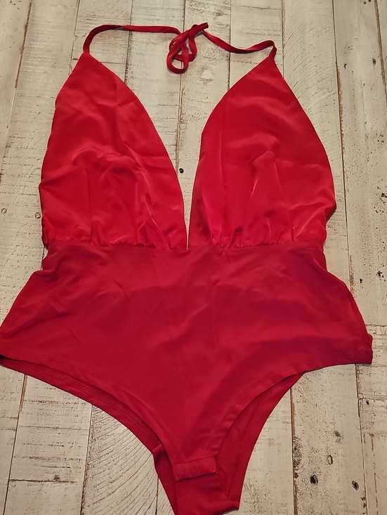 SHEIN Tops - SHEIN Red Deep V Halter Bodysuit